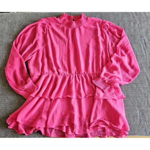 Torrid Top 3X Pink Babydoll Semi Sheer High Smocked NeckCuffs Long Sleeve Ruffle - Picture 11 of 16